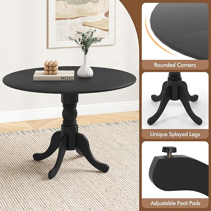 Giantex 39-Inches Round Dining Table for 4 - Rubber Wood Kitchen Table with Legs, 220 Lbs Capacity, Dinette Desk for Dining Room, Living Room, Restaurant (Black)