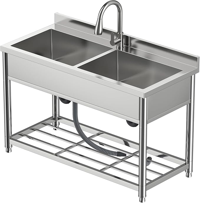 GGW 2-Compartment Commercial Sink, Stainless Steel Utility Sink with Pull-out Faucet, Free Standing Double Bowl Kitchen Sink for Restaurant, Garage, Shop, Cafe, Outoor, 21.7"D x 47.2"W x 37"H