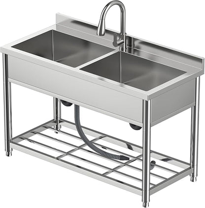 GGW 2-Compartment Commercial Sink, Stainless Steel Utility Sink with Pull-out Faucet, Free Standing Double Bowl Kitchen Sink for Restaurant, Garage, Shop, Cafe, Outoor, 21.7"D x 47.2"W x 37"H