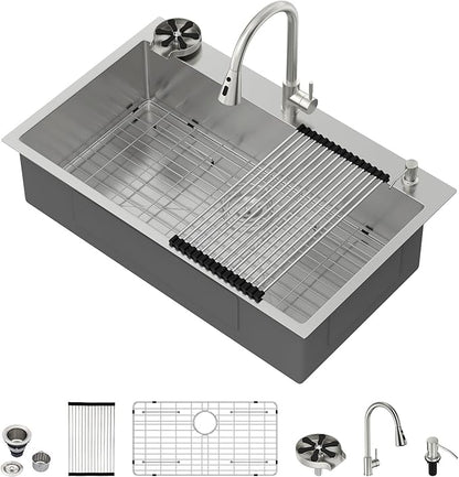36 Drop In Kitchen Sink - Beslend 36x22 Kitchen Sink Drop In with Pull-Out Faucet, Stainless Steel Sinks and Soap Dispenser Topmount 16 Gauge Single Bowl Above Counter Dish Basin 9" Deep