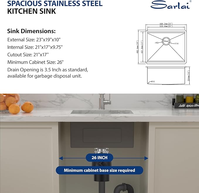 Sarlai 23 Undermount Bar Sink - 23 x 19 Inch Kitchen Sink Ledge Workstation 16 Gauge Stainless Steel Single Bowl RV Bar Prep Basin Kitchen Outdoor Sinks