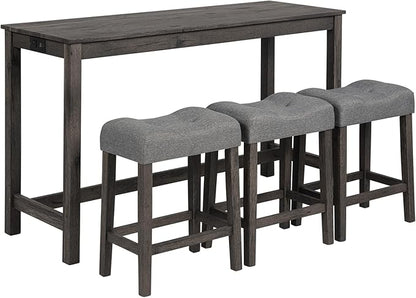LKTART Bar Table and Chairs Set of 4, Bar Height Dining Table Set with Power Outlet and 3 Padded Stools Industrial Breakfast Table Set for Living Room, Small Space, Dark Gray