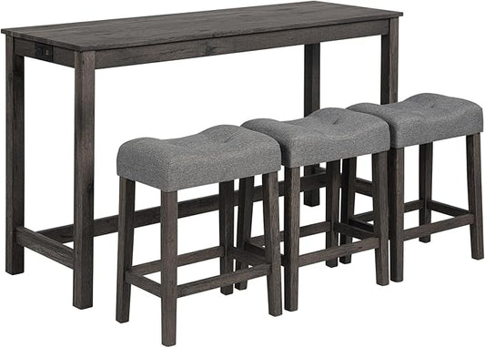 LKTART Bar Table and Chairs Set of 4, Bar Height Dining Table Set with Power Outlet and 3 Padded Stools Industrial Breakfast Table Set for Living Room, Small Space, Dark Gray