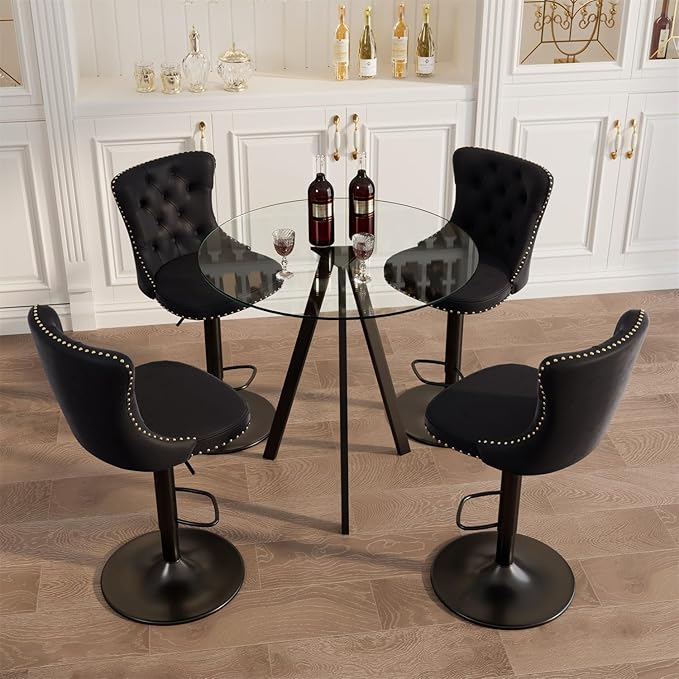 yeag 5 PCS Round High Top Bar Table and Chairs Set, 31.5 Inches Glass Bar Table with 4 Velvet Bar Chairs Swivel Island Chairs for Bistro Pub (Black Metal Legs, Clear Top + Black Chair)