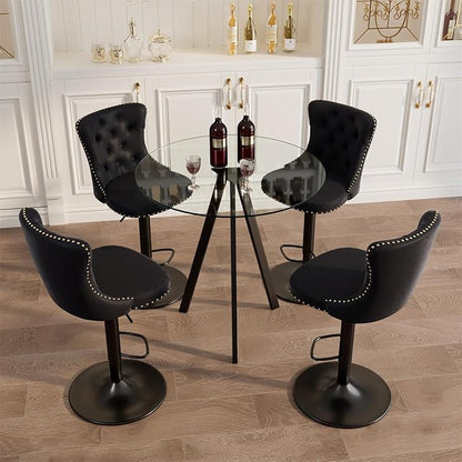 yeag 5 PCS Round High Top Bar Table and Chairs Set, 31.5 Inches Glass Bar Table with 4 Velvet Bar Chairs Swivel Island Chairs for Bistro Pub (Black Metal Legs, Clear Top + Black Chair)