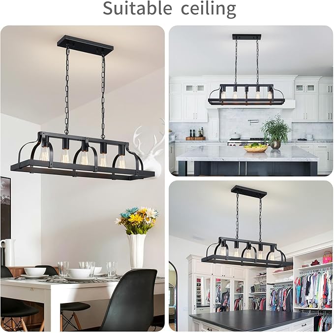 WUZUPS 5-Light Metal Chandelier Linear Pendant Ceiling Lighting Rustic Farmhouse Fixture Kitchen Island Dining Room, H 8.5" L 31.5" W10, E26 Base, Black
