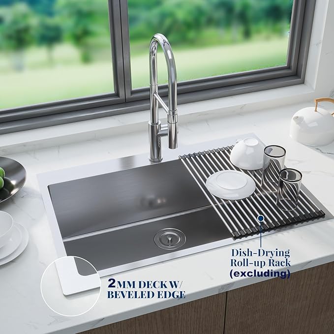 Stainless Steel Kitchen Sink 36 × 22 × 10 inch – Topmount Single Bowl Sink, Brushed Finish, Includes Bottom Grid & Drain, 2.0mm Rim, 1.0mm Bowl