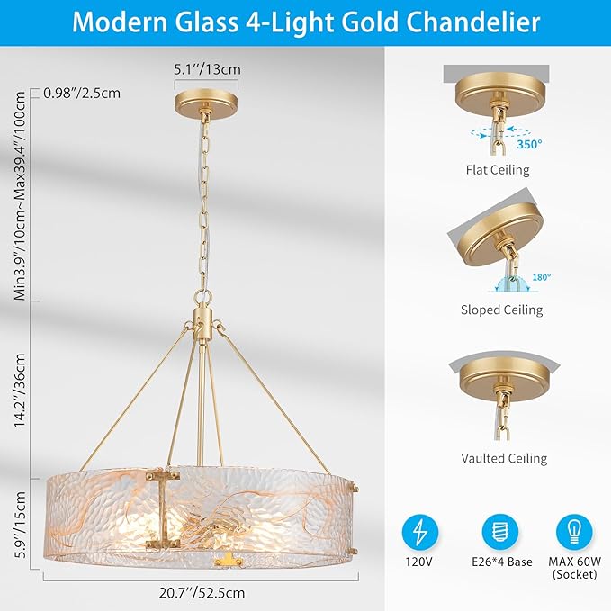 XINGQI 20.7“ Glass Gold Chandeliers for Dining Room, Drum 4-Light Over Table Hanging Pendant Lighting for Hight Ceiling Living Room Kitchen Island Bedroom Office