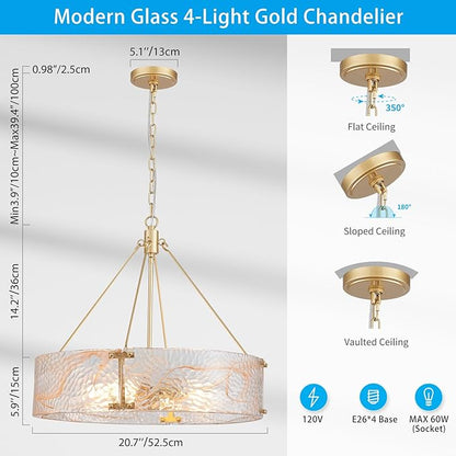 XINGQI 20.7“ Glass Gold Chandeliers for Dining Room, Drum 4-Light Over Table Hanging Pendant Lighting for Hight Ceiling Living Room Kitchen Island Bedroom Office
