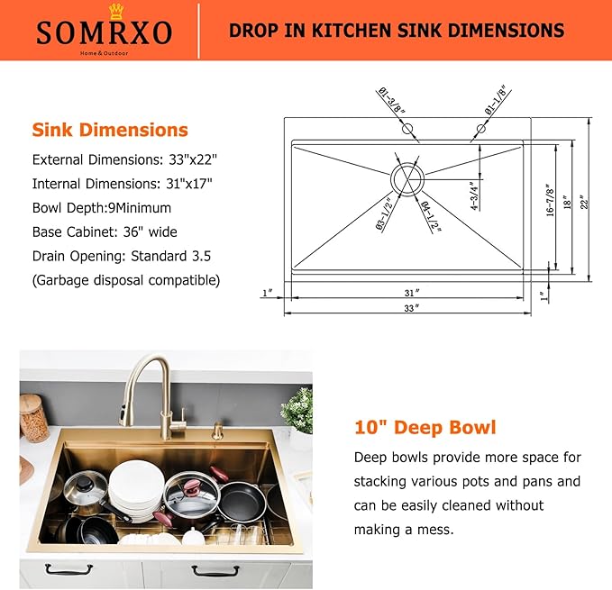 33x22 Drop in Kitchen Sink Gold - 16 Gauge Stainless Steel Single Bowl Workstation Sink with Accessories, 10 Inch Deep Topmount