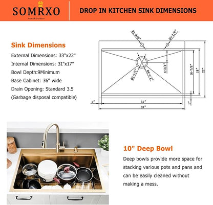 33x22 Drop in Kitchen Sink Gold - 16 Gauge Stainless Steel Single Bowl Workstation Sink with Accessories, 10 Inch Deep Topmount
