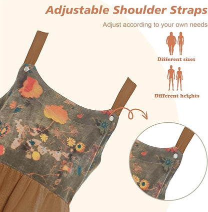 Cityelf Vintage Pinafore Apron Dress Snap Adjust Linen Cotton with Pockets Floral Aprons for Cooking Gardening