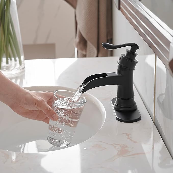 BWE Matte Black Waterfall Bathroom Faucet, Single Handle One Hole Sink Faucet for Farmhouse Bathroom Vanity Basin, Antique Finish Solid Brass Construction