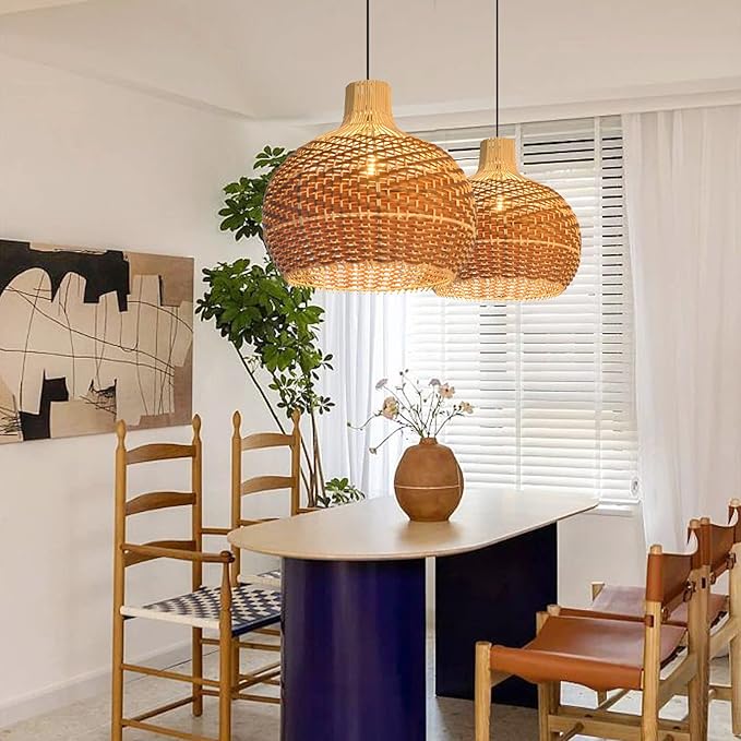 Arturesthome Rattan Pendant Lights, Wicker Chandelier Boho Basket Lighting Fixture, Natural Woven Hanging Lamp for Kitchen Island Sink Coffee