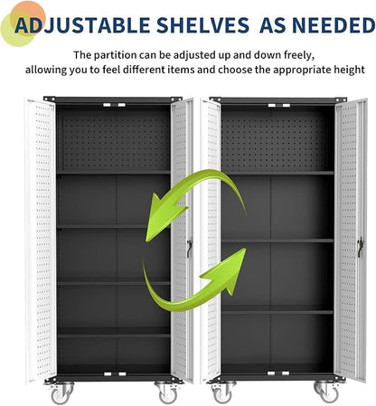 IDEALHOUSE Rolling Tool Cabinet with Lock, 72" Heavy Duty Steel Garage Storage, 4 Adjustable Shelves, Pegboard, Mobile Organizer for Tools, Workshop, Home, Industrial Steel Storage Cabinet On Wheels