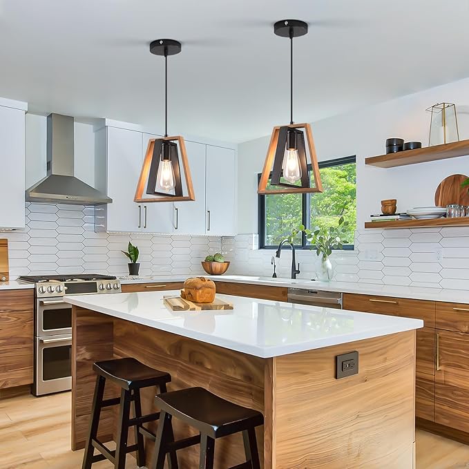 Kitchen Island Pendant Lights, Black Industrial Metal and Vintage Wood Hanging Light, Mini Farmhouse Chandelier, Adjustable Height Rustic Ceiling Lamp for Entryway, Dining Room, Foyer