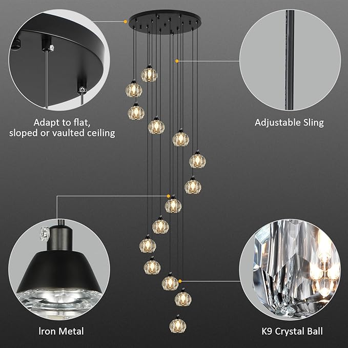 Weesalife Crystal Chandeliers for Staircases, 14-Light Black Modern Chandeliers for High Ceilings，Crystal Pendant Light Fixture for Living Room Kitchen Island Foyer Hallway Bar