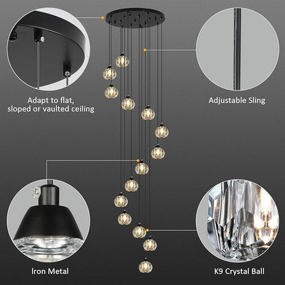 Weesalife Crystal Chandeliers for Staircases, 14-Light Black Modern Chandeliers for High Ceilings，Crystal Pendant Light Fixture for Living Room Kitchen Island Foyer Hallway Bar