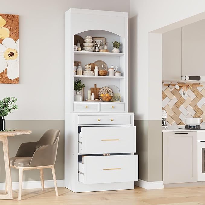 Modern 83.7inch High Kitchen Pantry Freestanding Tall Hutch with Faux Marble Top Display Cupboard with 5 Storage Drawers Practical(White)