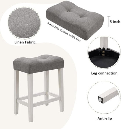 LKTART Bar Table and Chairs Set, 4 Piece Counter Height Bar Table Set with Power Outlet and 3 Upholstered Stools, Industrial Breakfast Table for Living Room, White & Grey