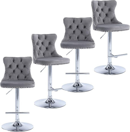 Rhomtree Velvet Swivel Bar Stools Upholstered Bar Stool with Button Tufted Back and Pull Ring Height Adjustable Barstools 25-33 Inch for Home Pub and Kitchen Island (Gray with Silver Base, Set of 4)
