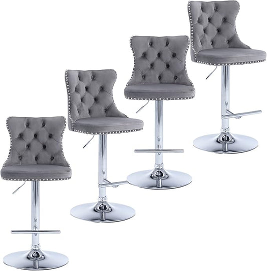 Rhomtree Velvet Swivel Bar Stools Upholstered Bar Stool with Button Tufted Back and Pull Ring Height Adjustable Barstools 25-33 Inch for Home Pub and Kitchen Island (Gray with Silver Base, Set of 4)