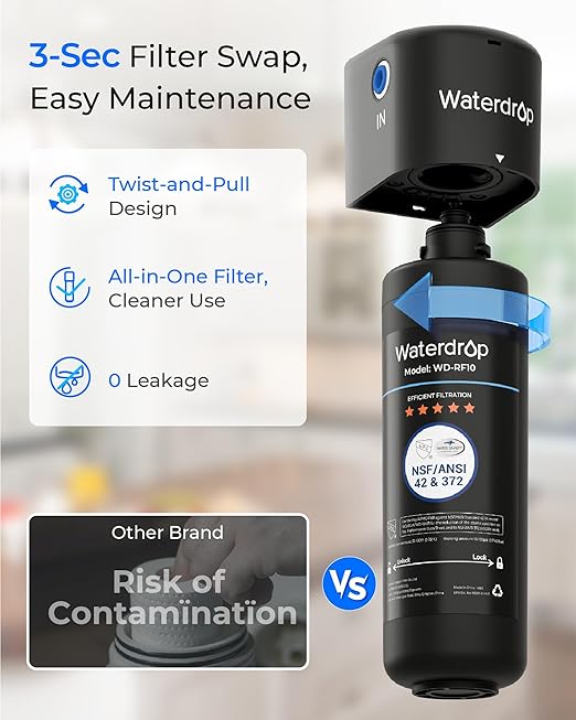 Waterdrop 10UA Under Sink Water Filter System, Reduces PFAS, PFOA/PFOS, Lead, Chlorine, Bad Taste & Odor, Under Counter Water Filter Connects Directly to Your Faucet, NSF/ANSI 42 Certified, 1 Year