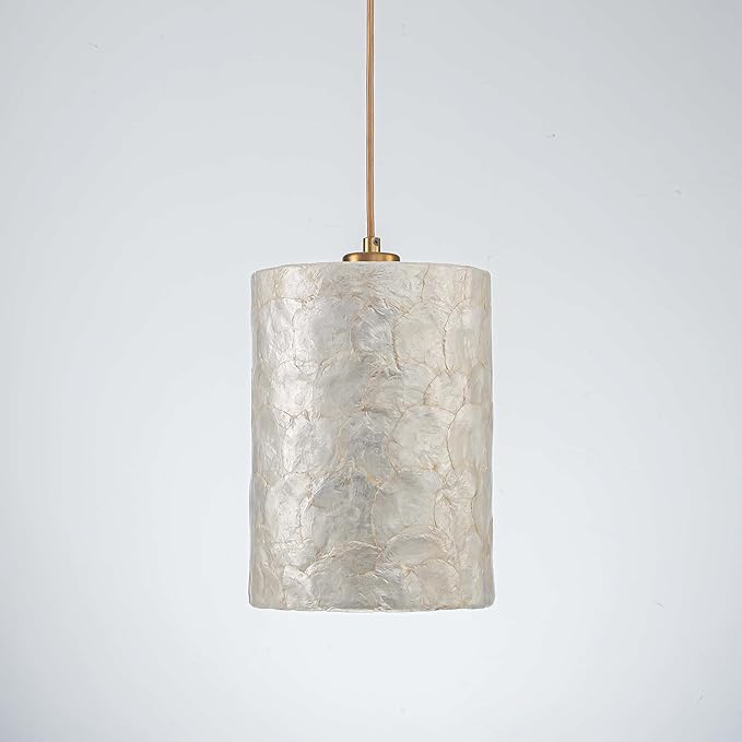 LumFurn D7inch 1-Light Capiz Shell Chandelier, Coastal Design Pendant Light Fixture for Dining Room, Living Room, Kitchen Island, D7 x H18~66"(Adjustable Height), Shell Lampshade & Gold Finish Frame