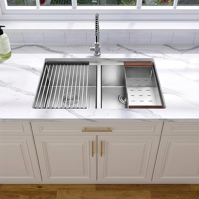 32 Inch Sink Undermount Double Bowl, 16 Gauge 50/50 Double Bowl Stainless Steel Workstation Sink, 32"x19"x10" Large and Deep Kitchen Sink With Accessories