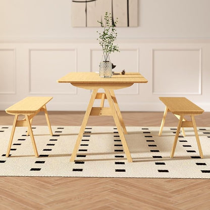 DUOMAY Wooden Dining Table with Bench Set, 59" Wide Rectangle Kitchen Table with 2 Long Benches for 4-6 for Home Small Space, Original Wood Color