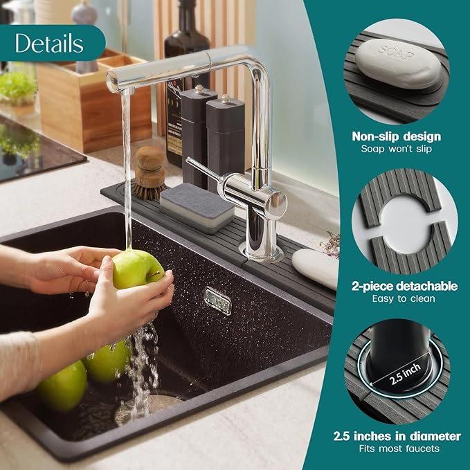 eormoe Kitchen Sink Splash Guard – Stone Faucet Mat for Kitchen Sink, Diatomite Drying Mat, Modern Kitchen & Bathroom Countertop Accessories (Dark Grey, 23.6" x 3.9")