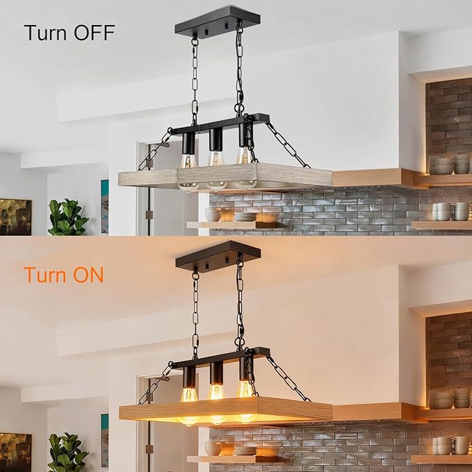 Rustic Farmhouse Chandelier for Dining Room 3-Lights Black+Wood