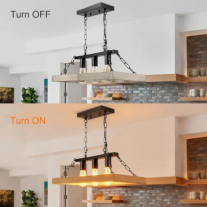 Rustic Farmhouse Chandelier for Dining Room 3-Lights Black+Wood