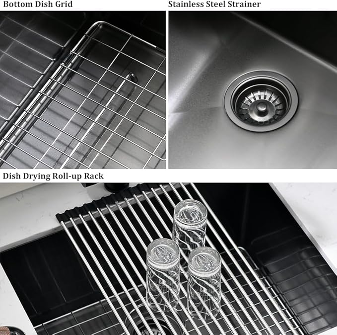 24 Inch Black Laundry Sink Undermount-VASOYO 24x19x13 Black Stainless Steel Laundry Utility Sink Undermount 16 Gauge Single Bowl Deep Kitchen Sinks Laundry Room Utility Sinks with Bottom Grid