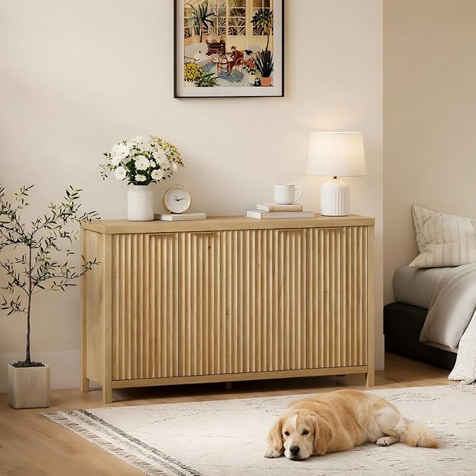 OAKHAM HOME Buffet Cabinet Fluted Sideboard 56" Accent Cabinet with Adjustable Shelves 4 Doors Modern Storage Credenza for Living Room Kitchen Hallway,Golden Oak