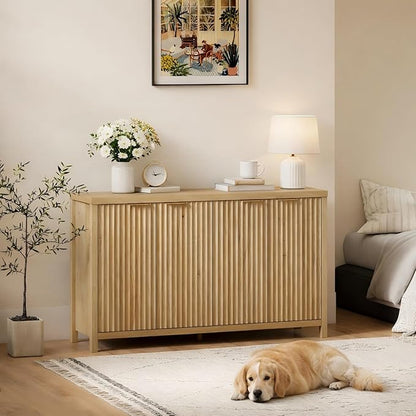 OAKHAM HOME Buffet Cabinet Fluted Sideboard 56" Accent Cabinet with Adjustable Shelves 4 Doors Modern Storage Credenza for Living Room Kitchen Hallway,Golden Oak