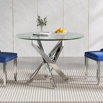 SSLine 35.4" Round Glass Dining Table for 2-4 Modern Circle Glass Tabletop Kitchen Table for 4 Luxury Dinner Tables with Silver Metal Legs for Home Kitchen Dining Room(Table Only)