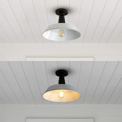JONATHAN Y 14" White/Black 1-Light Industrial LED Semi Flush Mount Ceiling Light for Porch, Kitchen, Entryway, Modern Farmhouse Iron Fixture, White Metal Shade, LED Bulb Included JYL7617A