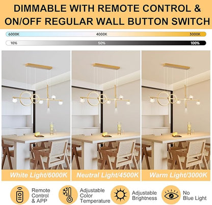 ORANOOR LED Gold Chandeliers for Dining Room, 47in Dimmable Modern Chandelier Gold Pendant Lights for Kitchen Island, Linear Ring Globe Pendant Light Fixtures Dining Room Lights Ceiling Hanging