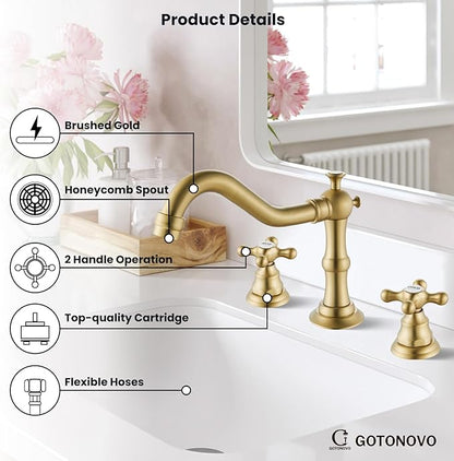 gotonovo Bathroom Faucet 3 Hole 8 Inch Widespread Bathroom Sink Faucet 2 Cross Handles Vintage Lavatory Vanity Mixer Tap with Pop Up Drain, HOT Cold Label, Brushed Gold