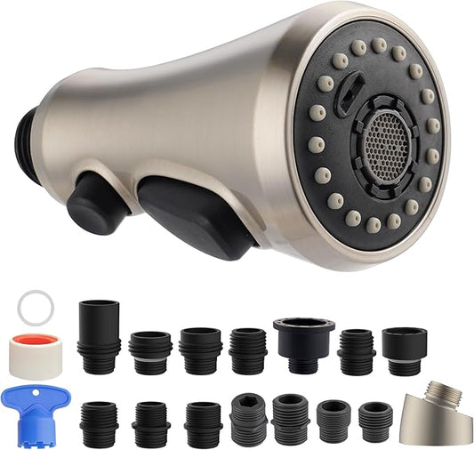 Hibbent Pull Down Kitchen Faucet Head Replacement, NSF/ANSI/CAN 61 & CUPC Certified 3-Function Sink Spray Nozzle with 15 Adapters Compatible with Moen, Delta, Kohler Faucets, Brushed Nickel