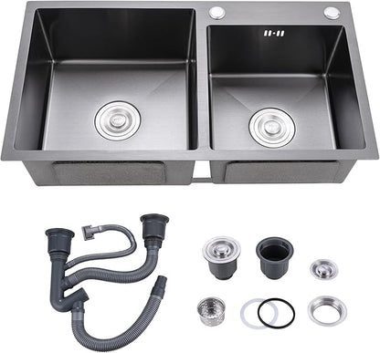 Black Double Bowl Kitchen Sink, Drop ln 30.7x16.9In Nano-Coated Stainless Steel Topmount Bar Kitchen Sink with Drain and Overflow