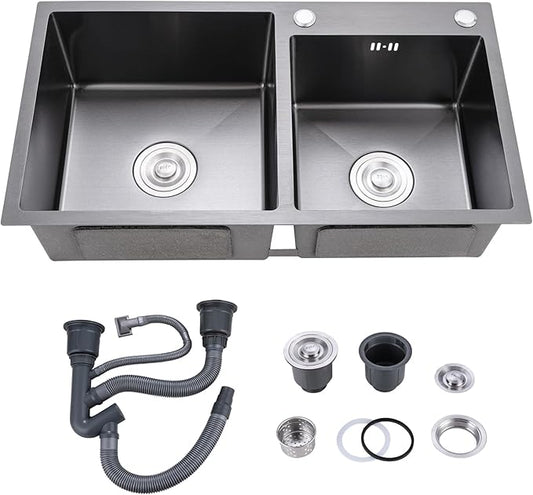 31" x 18" Black Double Bowl Kitchen Sink, Drop-in/Topmount Overmount Kitchen Sinks Basin with 304 Nano-Coated and Accessories