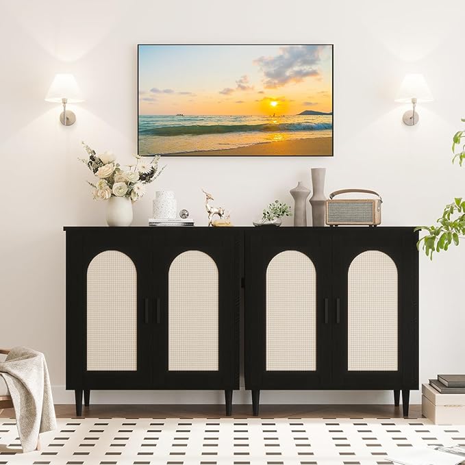 GarveeHome Sideboard Buffet Kitchen Storage Cabinet with Rattan, Solid Wood Feet for Living Room, Hallway, Entryway, Cabinet with Ample Storage Space(1PCS)