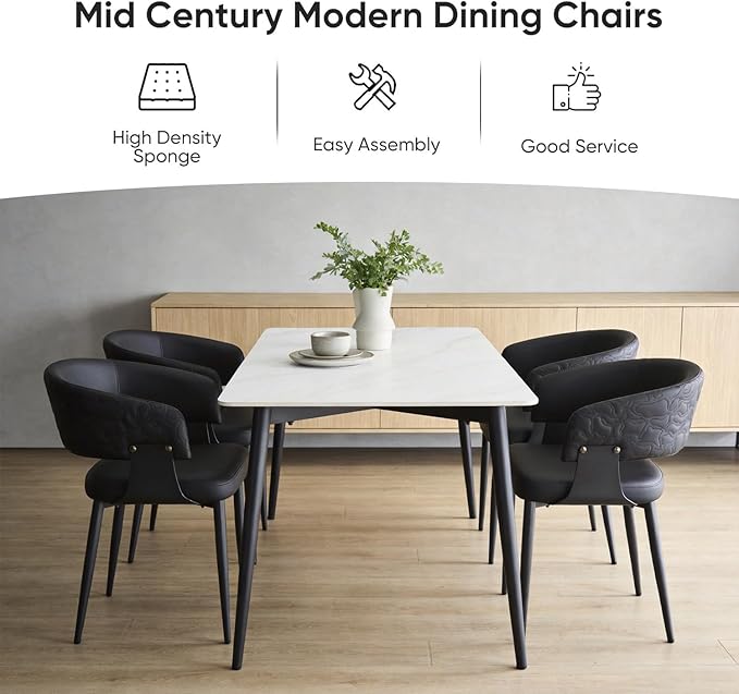 Atoll Modern Accent Dining Chairs Set of 2 with Upholstered PU Leather Seat & Curved Back, Metal Legs, Mid-Century Kitchen Chair for Dining Room, Living Room or Office (2, Black)