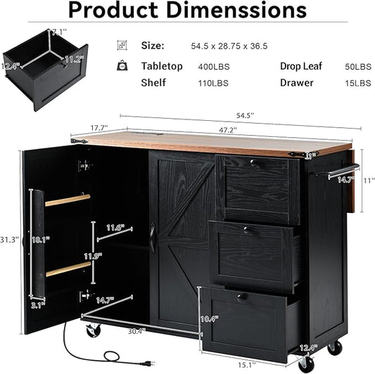 Merax 54.5" Upgraded Kitchen Cart Island on Wheels with Power Outlet,Drop Leaf and 3 Side Drawers,Farmhouse Wood Frame Storage Cabinet