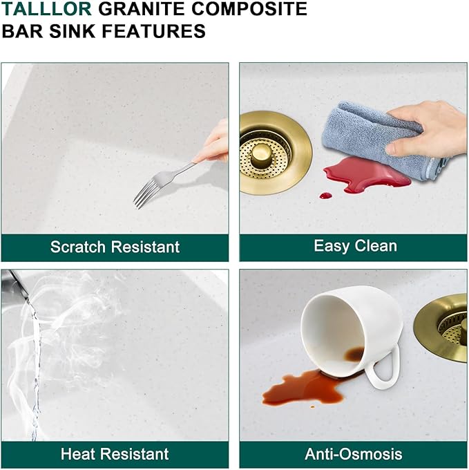 18 Inch Undermount Bar Sink Workstation - White Granite Composite All-In One Single Bowl Classic Quartz Wet Prep Sink with Cutting Board for Kitchen Bar, RV, Boat, and Outdoor, #TLGU-131