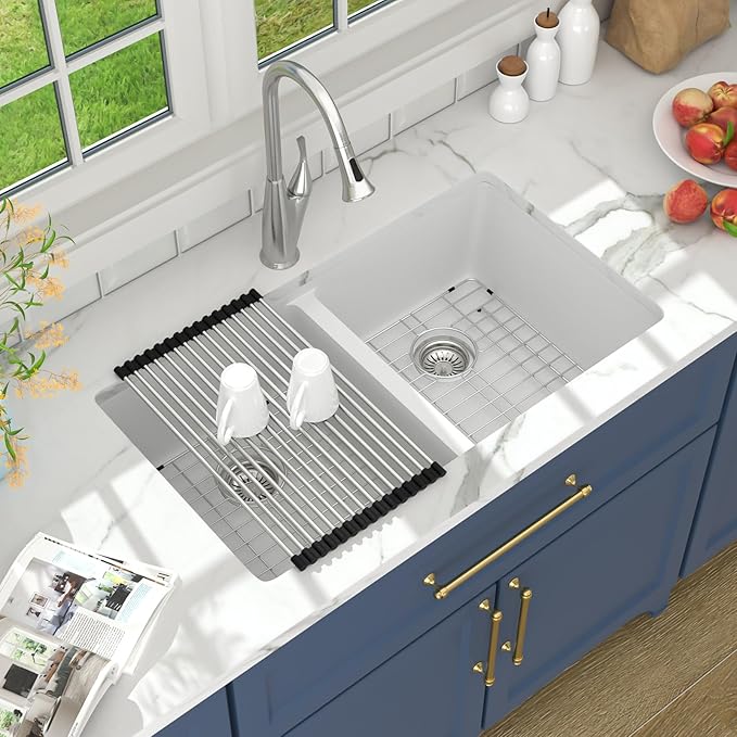 Lordear 33 Inch Granite Composite Kitchen Sink Double Bowl 33"X19" White Undermount 50/50 Quartz Sink With Ledge Classic Under Counter Basin