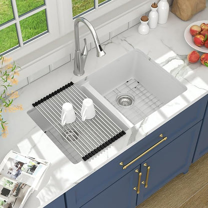 Lordear 33 Inch Granite Composite Kitchen Sink Double Bowl 33"X19" White Undermount 50/50 Quartz Sink With Ledge Classic Under Counter Basin