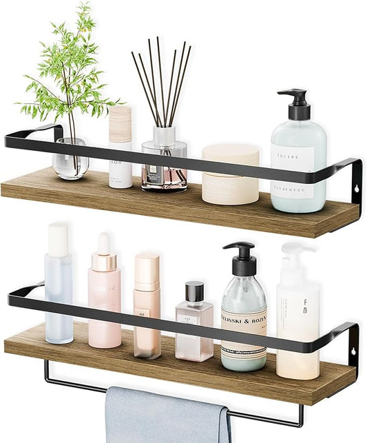 Bathroom Shelves with Towel Bar,Floating Shelves for Bathroom, Kitchen, Bedroom, Paulownia Wood, Matte Black Metal Frame - Set of 2 (Light Brown)